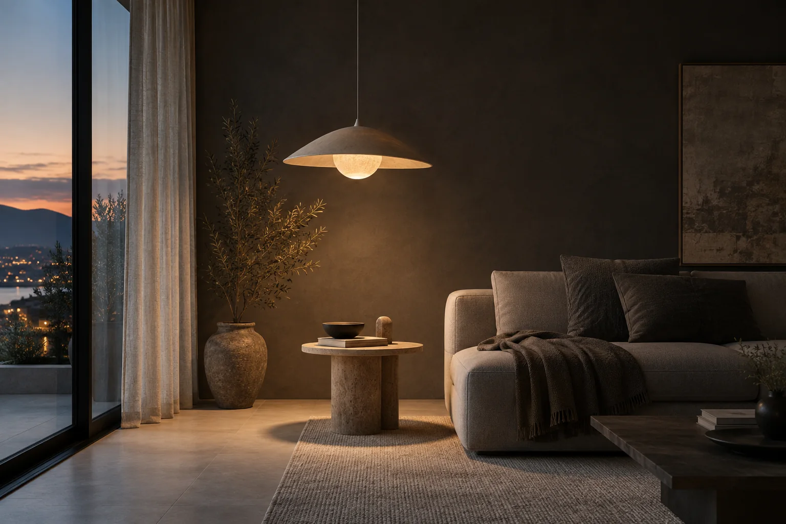 Quiet charcoal living room at dusk with a warm sculptural pendant